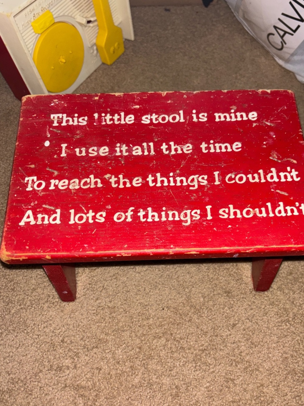 Vintage 1970’s Poem Red Decorative Wooden Stool This Little Stool of Mine